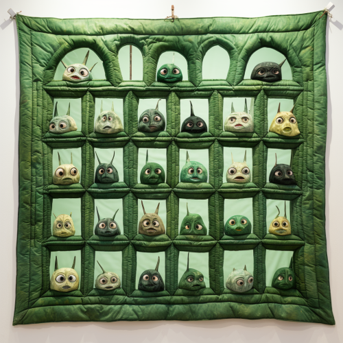 Quilt with adorable fish-headed babies peeking through a green window