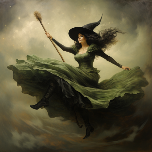 Green witch flying on broomstick