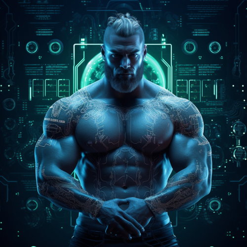 Muscle Viking in Futuristic Metaverse with  G R E N I E  Text