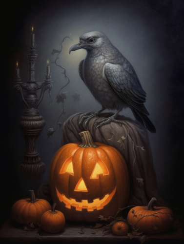 Grey pigeon on jack-o'-lantern