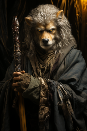 Mysterious guy with quarterstaff, werewolfs and cross in background