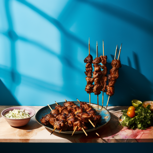 Grilled kebab on a blue table Grilled kebab on a blue table
