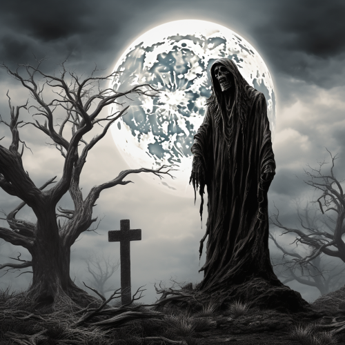 Spooky Grim Reaper in a Graveyard at Night