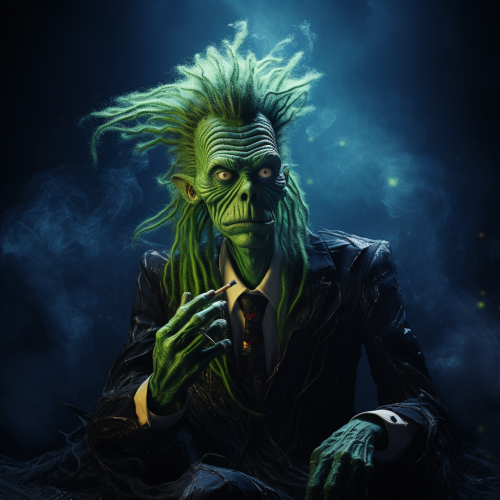 Grinch smoking pipe in black suit