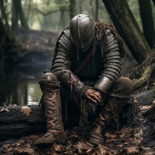 Knight hiding from battle in gritty documentary style