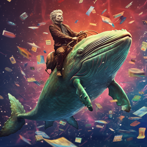 Groot riding on a colorful whale in an abstract money-filled background