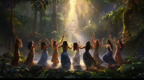Friends dancing in jungle scenery