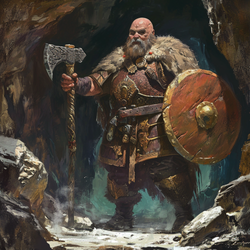 Gruff Bald Cleric Battle Hammer Shield Cave Entrance
