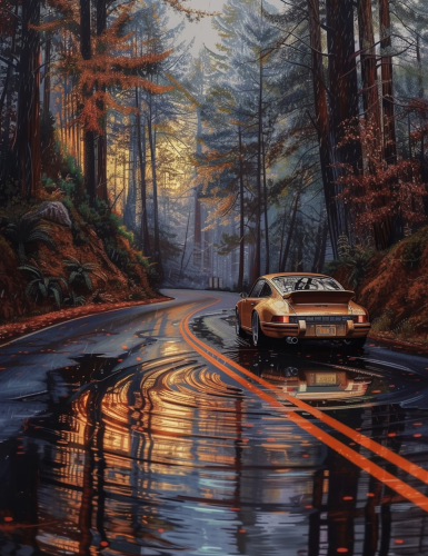 GT3 car on forest road with reflections