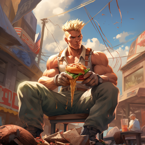 Cartoon image of Guile enjoying a burger near torii