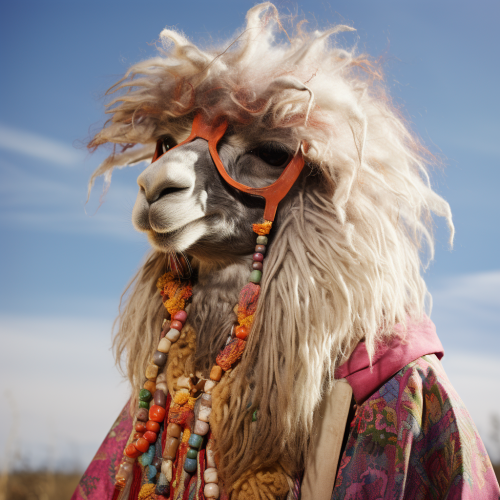 Fashionable guilty llama with coiffed wig and hippie attire .