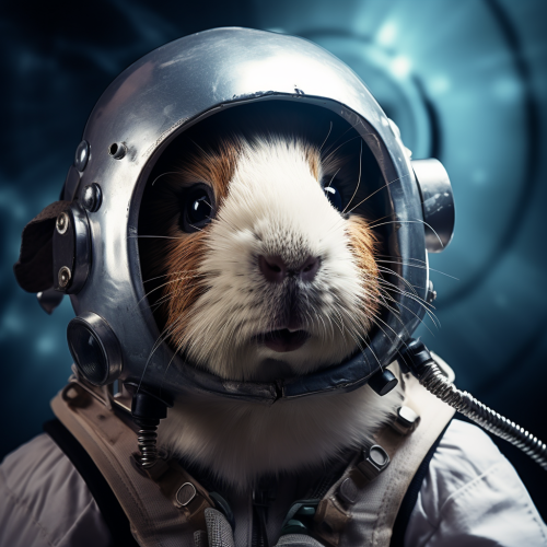Guinea pig in crash helmet and astronaut suit saluting
