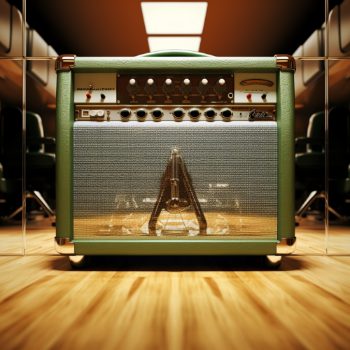 Detailed guitar amp reflection in mirrored room