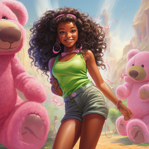 Teenage girl with curly locs wearing hiking boots, holding a pink and green gummy bear at Bermuda carnival