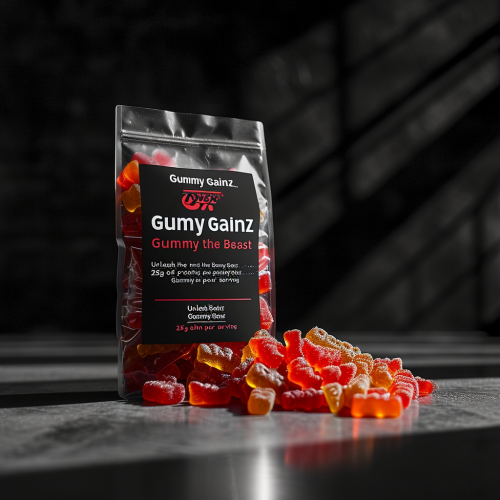 Gummy Gainz packaging with flexing gummy bear