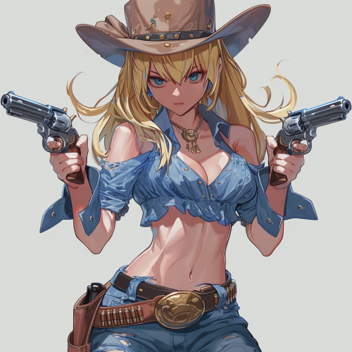 Blonde cowgirl with pistols