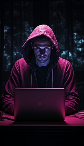 Hacker sitting at laptop with fuchsia light