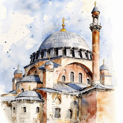 Watercolor painting of Hagia Sofia Church with dome and cross