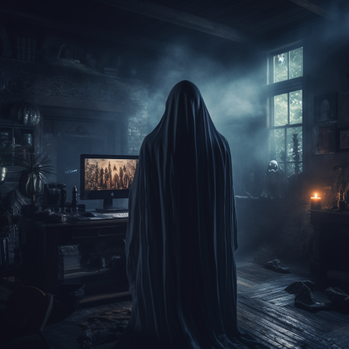 Halloween ghost using technology in dark scene
