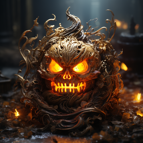 Halloween costume with pumpkin head in mystical light