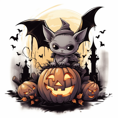Cute bat on gravestone with pumpkin in the background