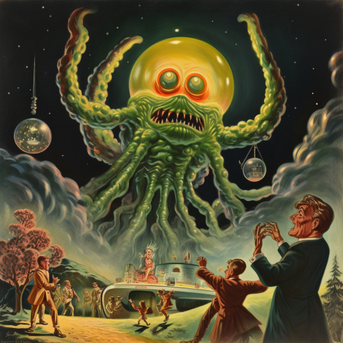 1950s Halloween Tentacle Monster Invasion Illustration
