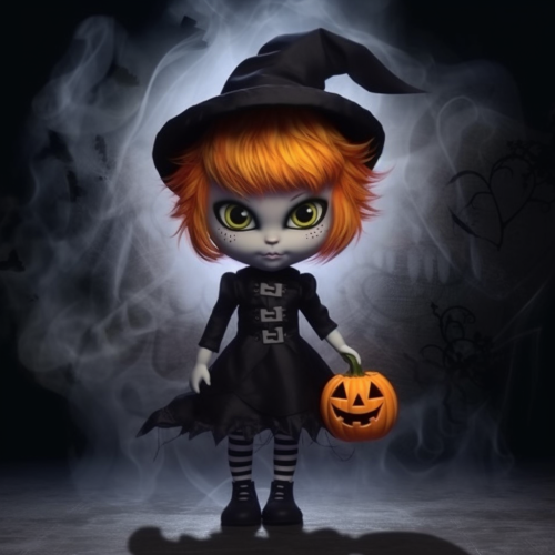 Small orange cat in witch costume