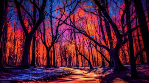 Vibrant psychedelic Halloween forest scene