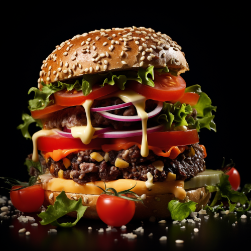 Tasty hamburger publicity reel with fresh tomato salad Tasty hamburger publicity reel with fresh tomato salad