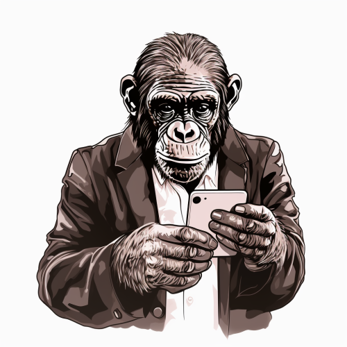 Hand drawn chimpanzee with smartphone