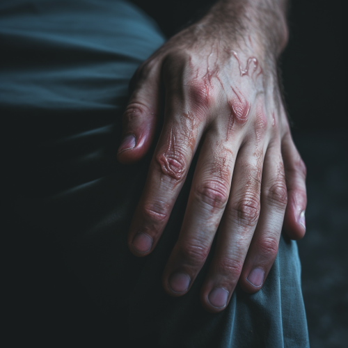 Close-up of Hand Pressing Thigh
