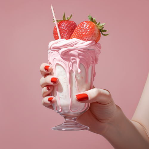 Hand holding a strawberry milkshake