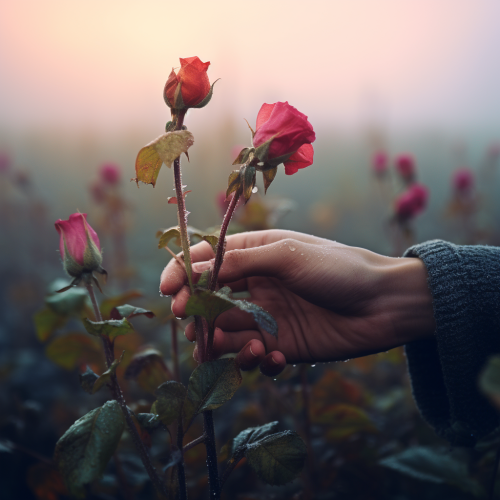 Hands holding flower in foggy day