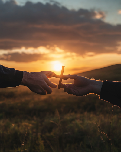 Two hands reaching cross silhouette Two hands reaching cross silhouette