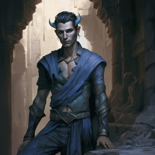 Handsome male tiefling warrior in blue skin