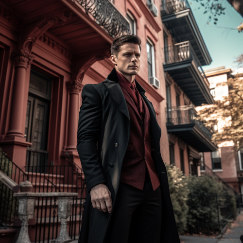 Handsome vampire in front of brownstone