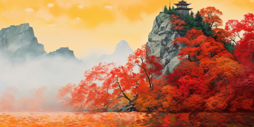 Beautiful autumn scene with castle, rock, and maple tree