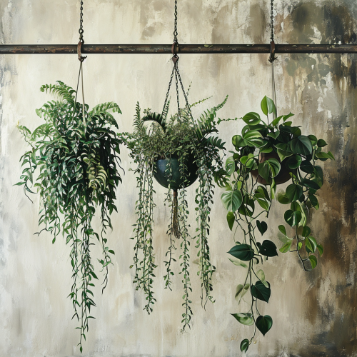 Beautiful hanging plants on metal rod in summer garden Beautiful hanging plants on metal rod in summer garden