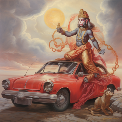 Lord Hanuman carrying a car