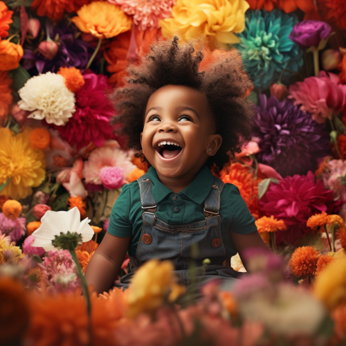 Joyful baby surrounded by vibrant flowers