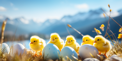 Happy Easter Chicks and Eggs in Snowy Landscape