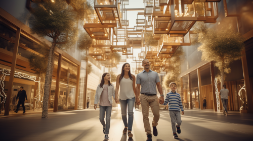 Happy family walking in shopping center