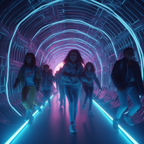 Group of Happy Friends Running in Metaverse Tunnel