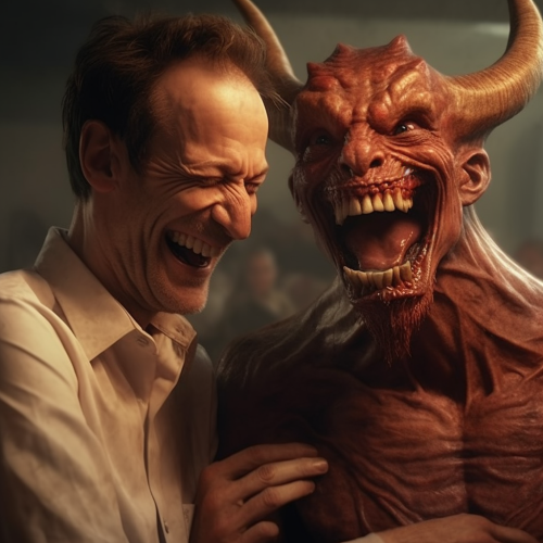 Happy man laughing with devil artwork