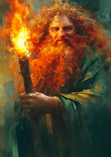 man holding lit torch green robe man holding lit torch green robe