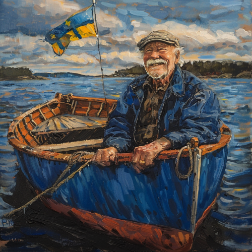 Elderly man in blue boat Swedish flag Elderly man in blue boat Swedish flag