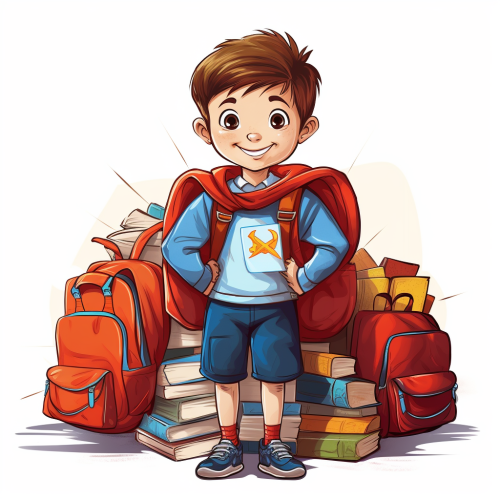 Happy school boy with satchels and accessories