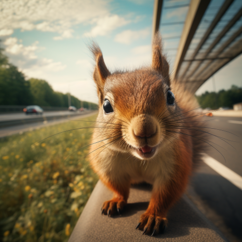 A happy squirrel with a motorway in the background