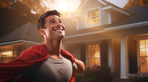 Happy strong man ready to fly