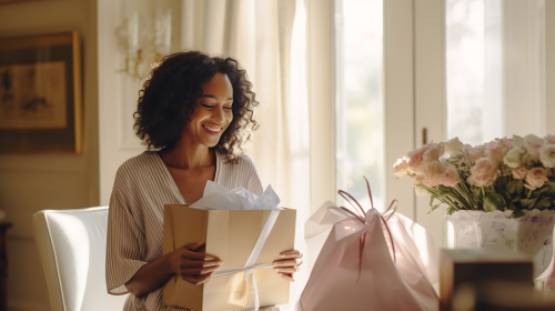 Woman happily opening a gift bag